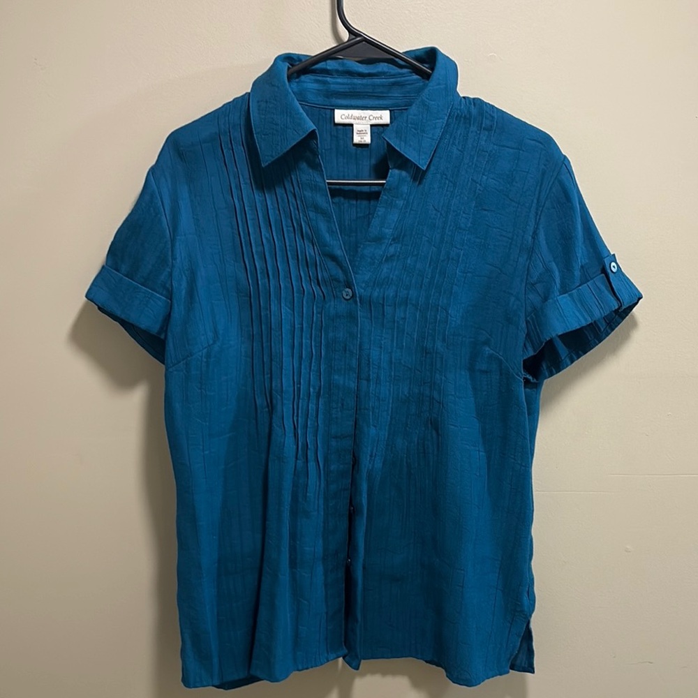 Coldwater Creek Blue Casual Button Down Shirt Pleated Front